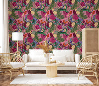 Soft lounge setting with Maximalist Peacock Fantasy Garden Pink Wallpaper
