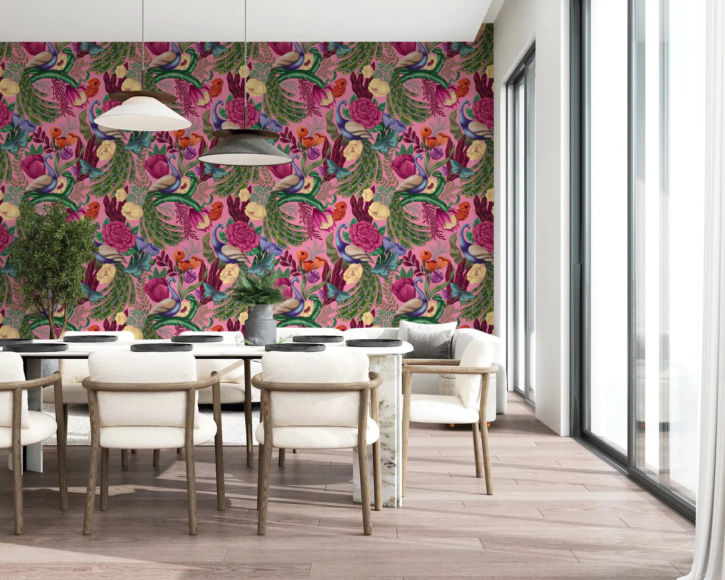 Dining area filled with Maximalist Peacock Fantasy Garden Pink Wallpaper
