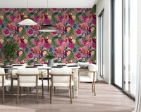 Dining area filled with Maximalist Peacock Fantasy Garden Pink Wallpaper
