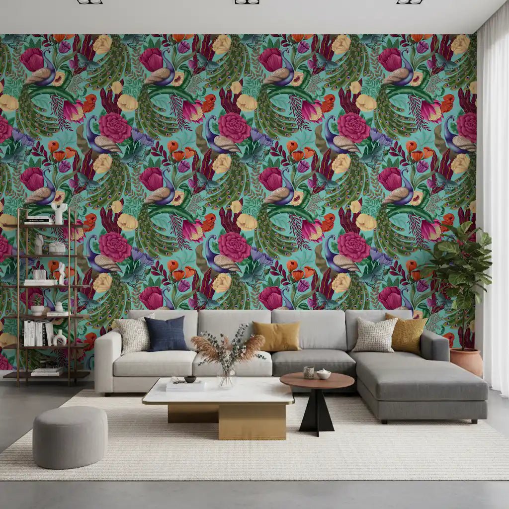 Bold living room with Maximalist Peacock Fantasy Garden Turquoise Wallpaper