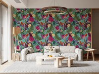 Maximalist Peacock Fantasy Garden Turquoise Wallpaper behind a relaxed sofa scene