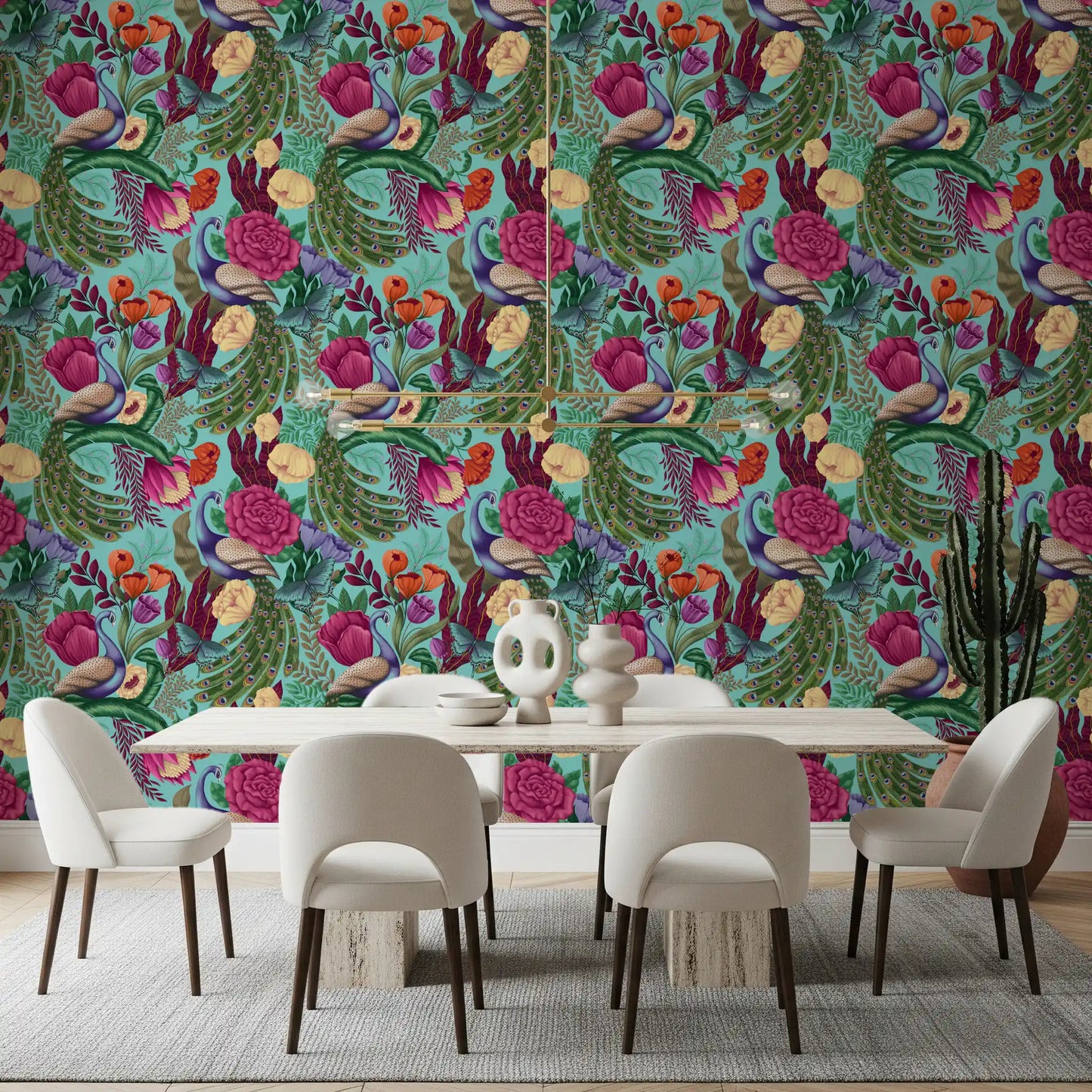 Maximalist Peacock Fantasy Garden Turquoise Wallpaper in a bright dining room