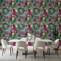 Maximalist Peacock Fantasy Garden Turquoise Wallpaper in a bright dining room