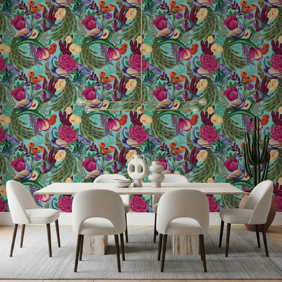 Maximalist Peacock Fantasy Garden Turquoise Wallpaper in a bright dining room, GD8941