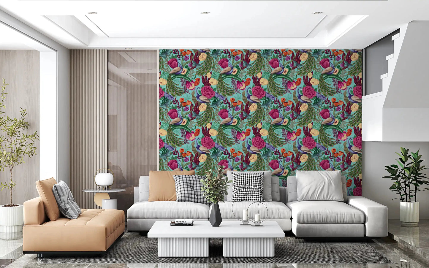 Modern white sofa styled with Maximalist Peacock Fantasy Garden Turquoise Wallpaper