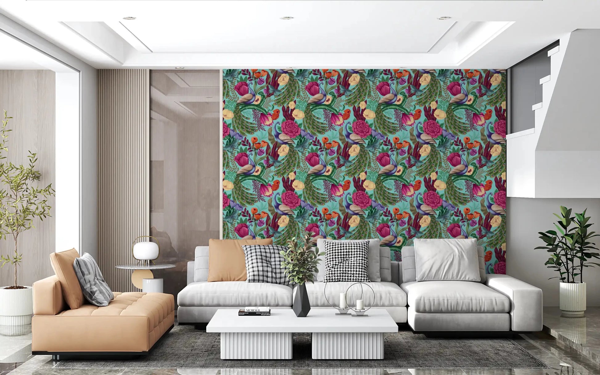 Modern white sofa styled with Maximalist Peacock Fantasy Garden Turquoise Wallpaper