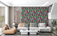 Modern white sofa styled with Maximalist Peacock Fantasy Garden Turquoise Wallpaper