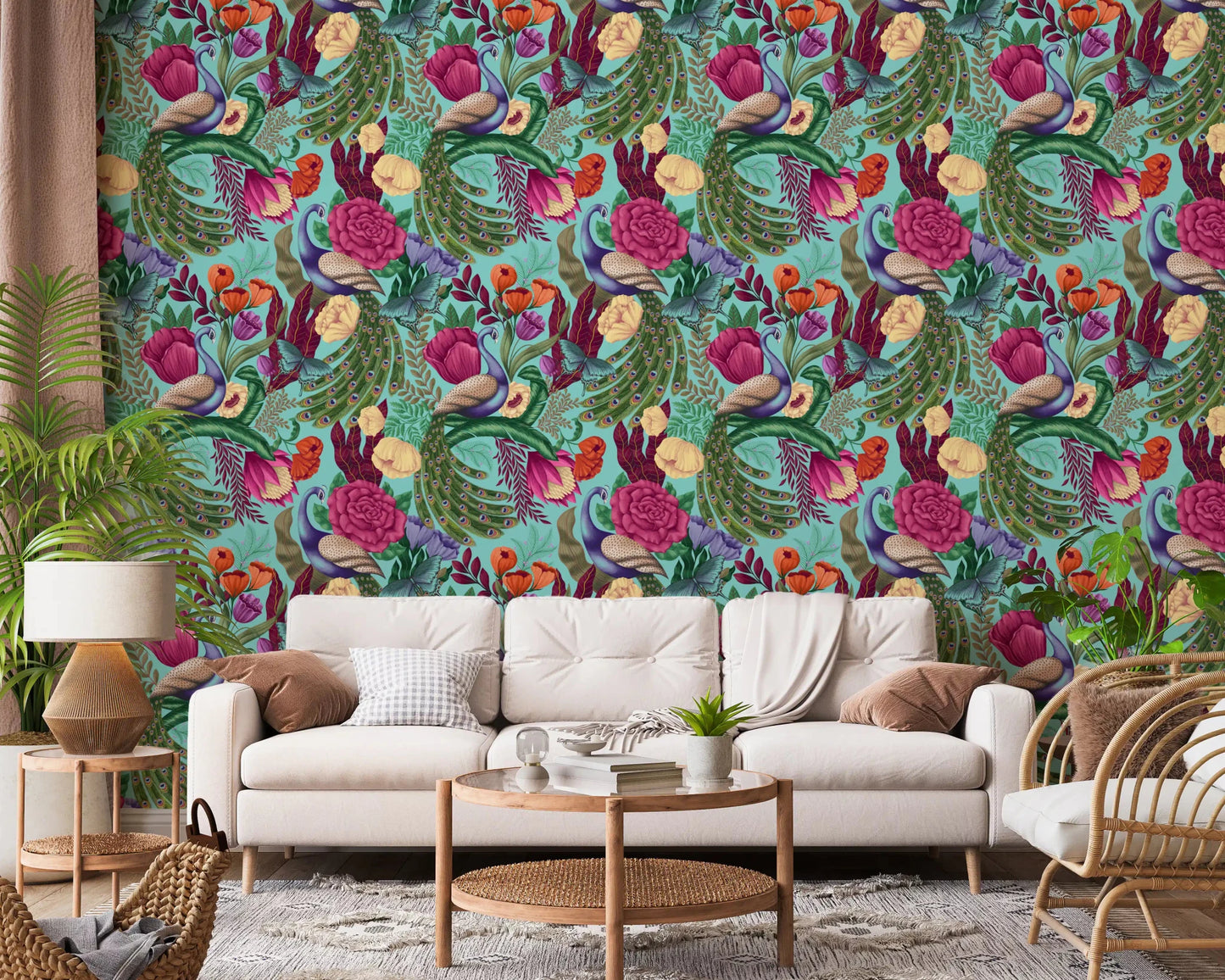 Bright sitting room with Maximalist Peacock Fantasy Garden Turquoise Wallpaper