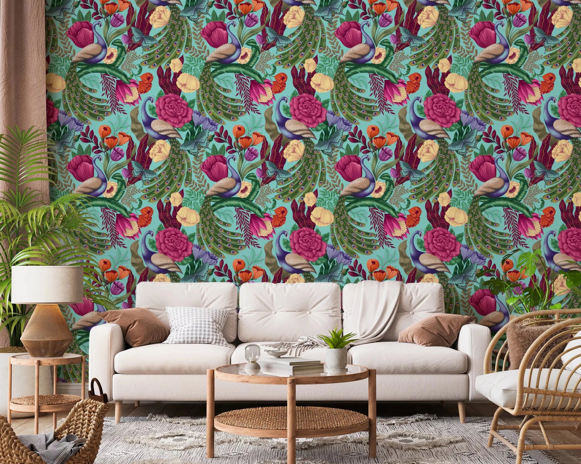 Bright sitting room with Maximalist Peacock Fantasy Garden Turquoise Wallpaper