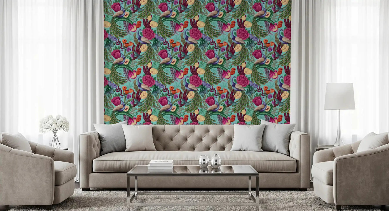 Soft neutral lounge set against Maximalist Peacock Fantasy Garden Turquoise Wallpaper