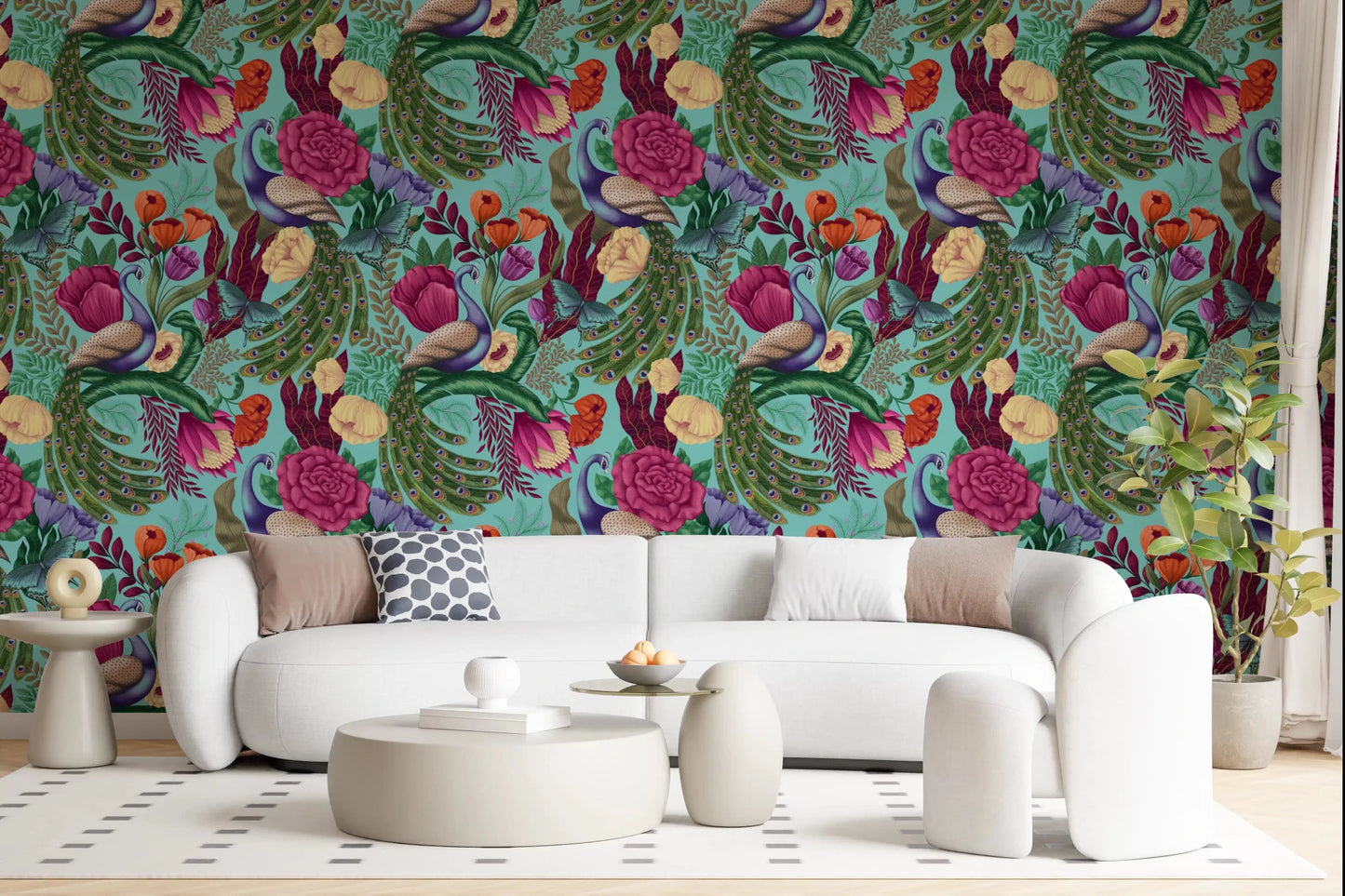 Cream sofa corner with Maximalist Peacock Fantasy Garden Turquoise Wallpaper
