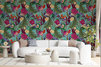Cream sofa corner with Maximalist Peacock Fantasy Garden Turquoise Wallpaper