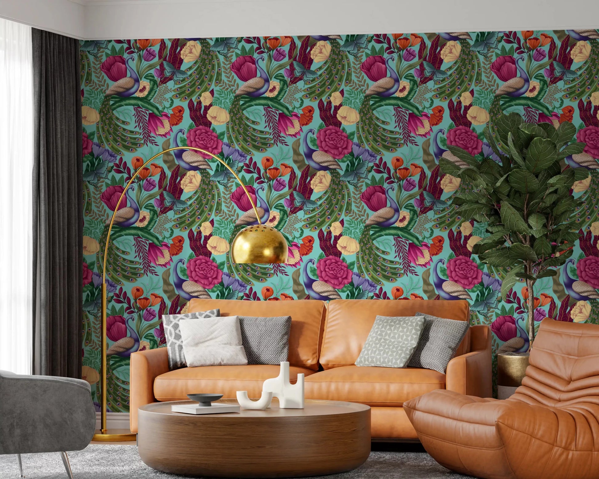 Warm seating area framed by Maximalist Peacock Fantasy Garden Turquoise Wallpaper