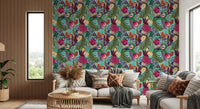 Arched lounge featuring Maximalist Peacock Fantasy Garden Turquoise Wallpaper