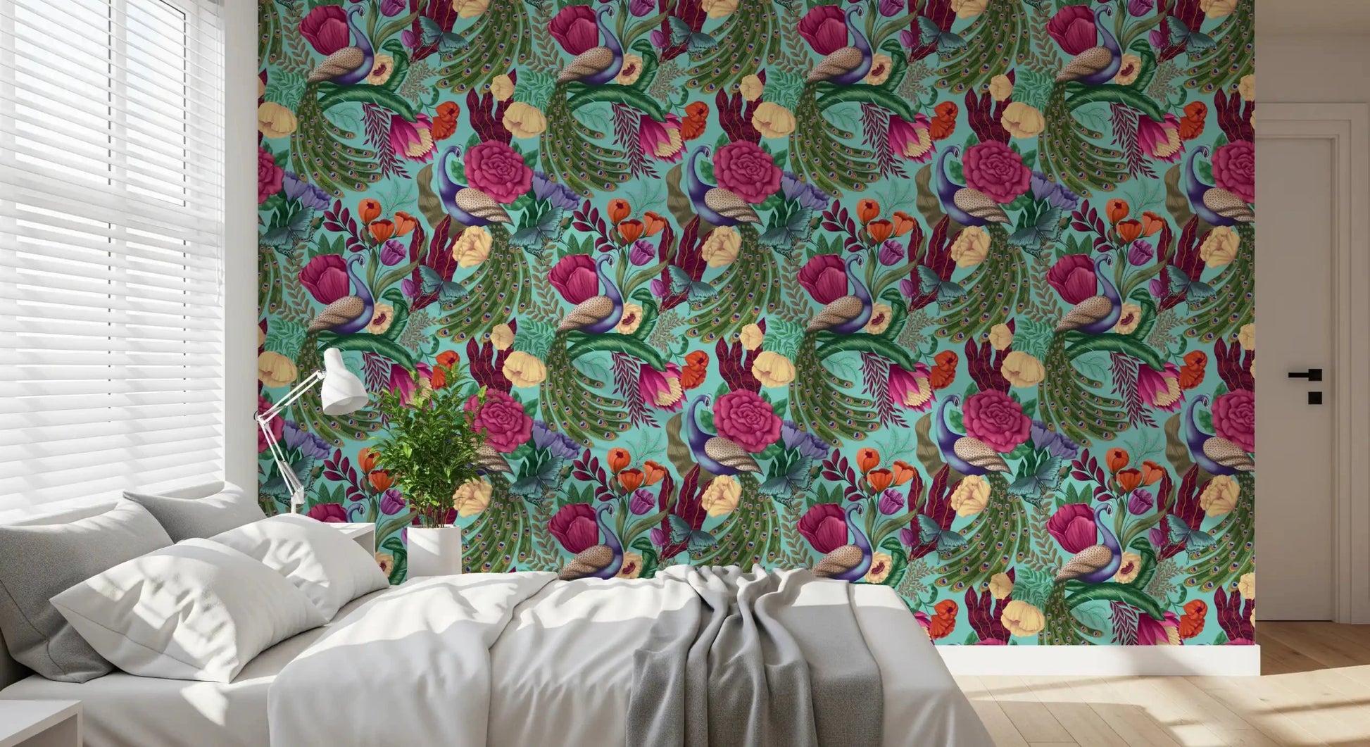 Cozy bedroom in Maximalist Peacock Fantasy Garden Turquoise Wallpaper