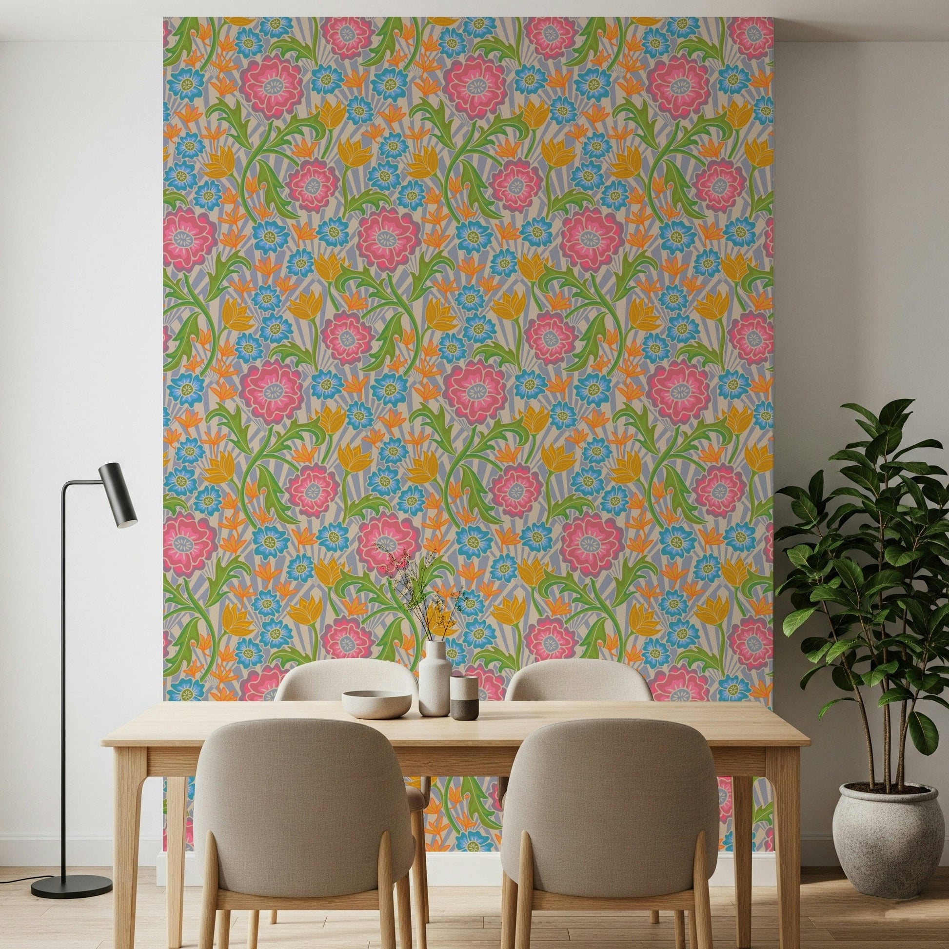 Retro Maybelle Floral Deco art wallpaper for walls vintage color bloom design.