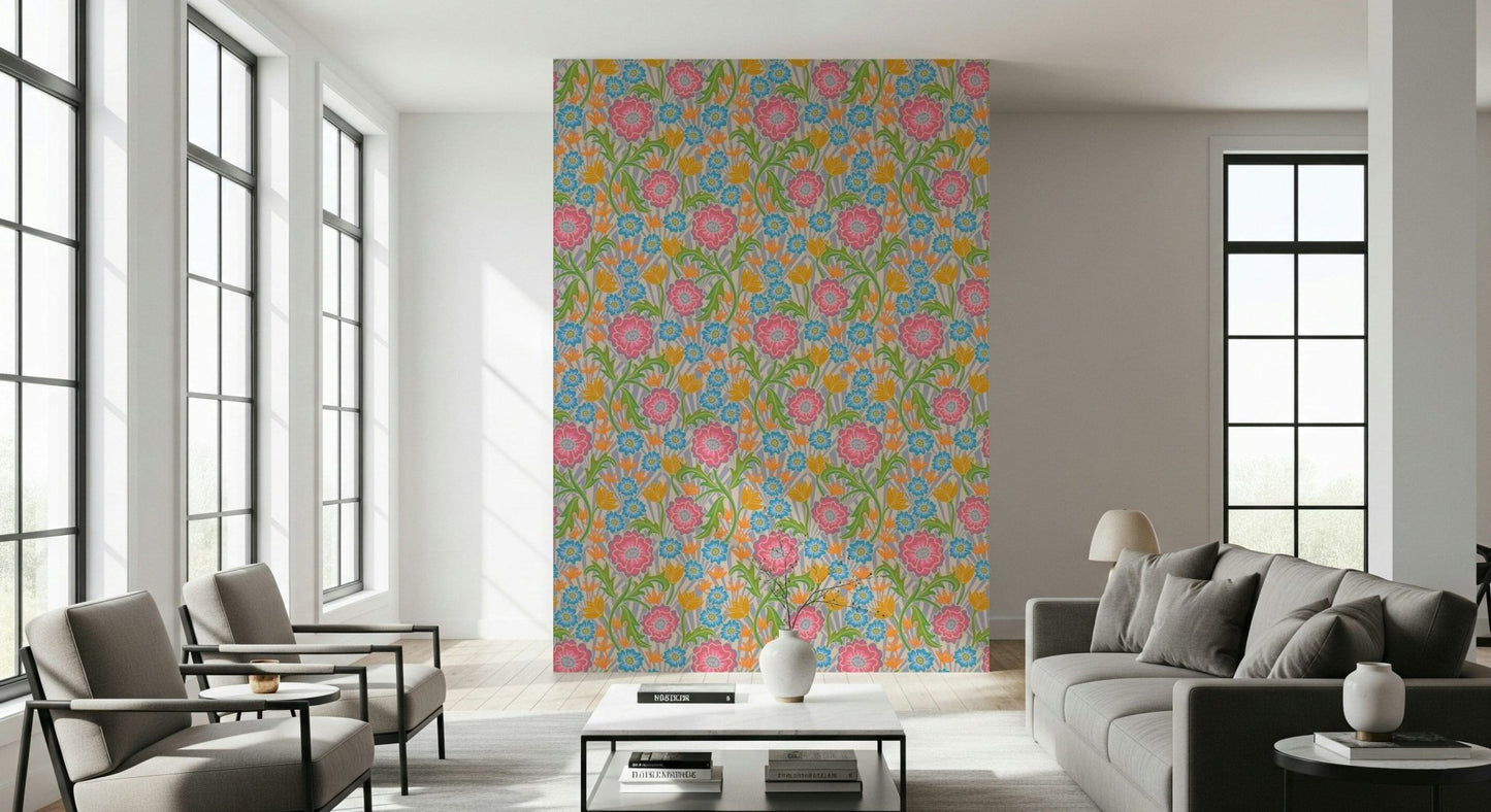 Peel and stick wallpaper Maybelle Floral Deco striking bloom geometry.