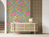 Abstract Maybelle Floral Deco wallpaper mural pink blue yellow floral motif.