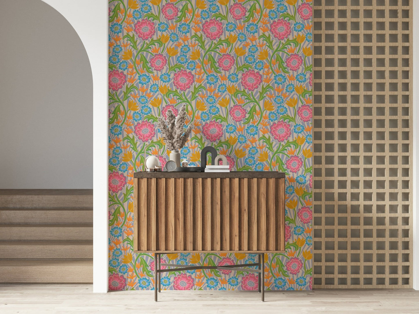 Maybelle Floral Deco peel and stick wallpaper bold blossom green leaves.