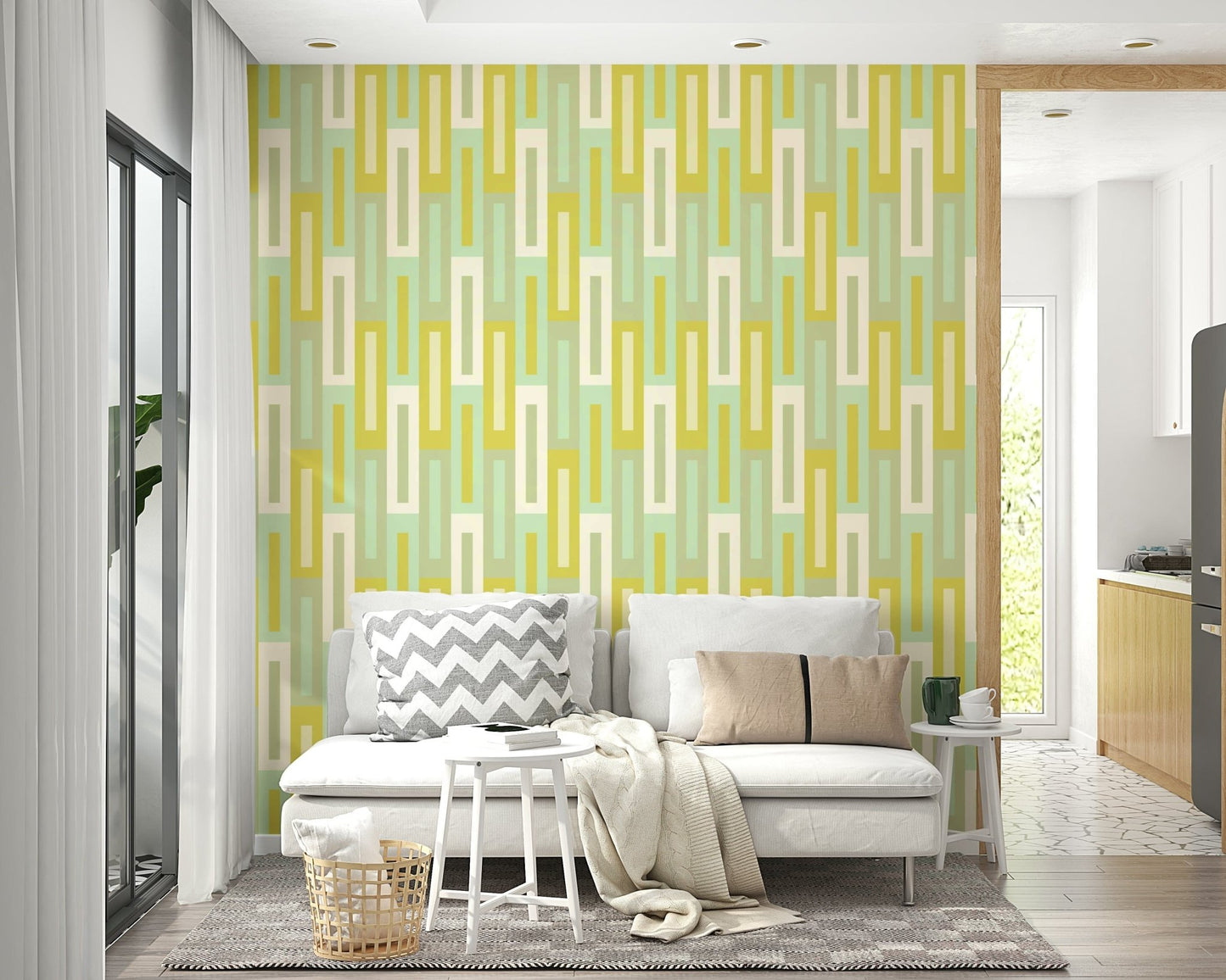 A peaceful modern abstract mural on decorative wallpaper.