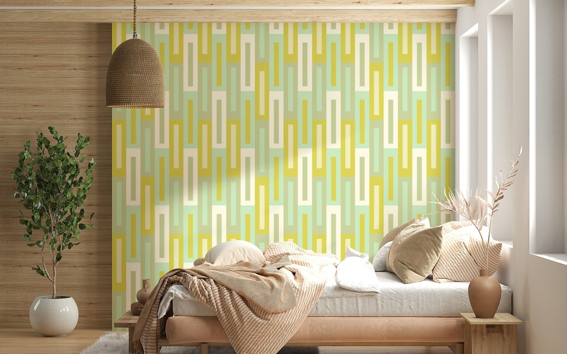 A calming abstract design wallpaper mural that defines a space.