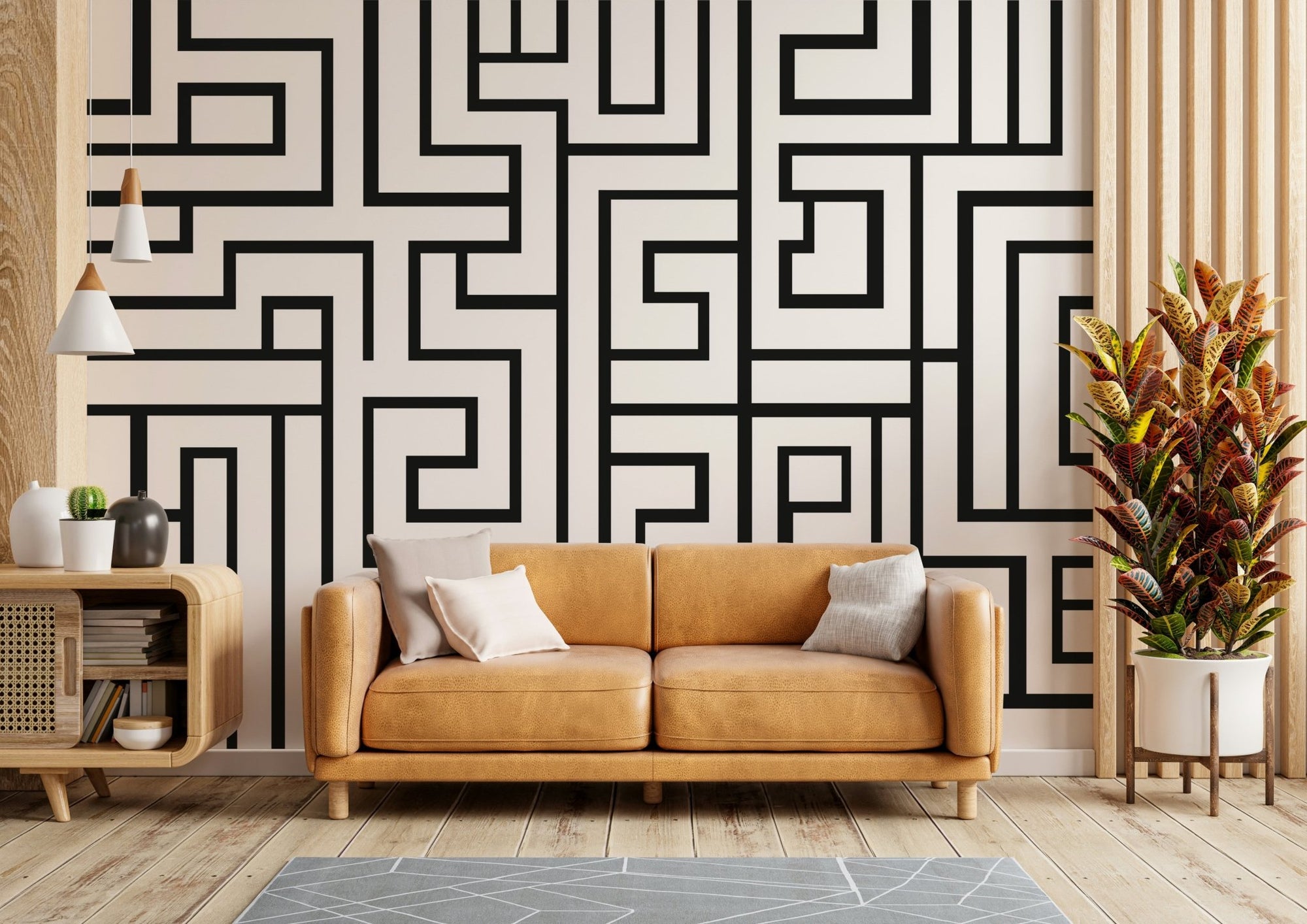Maze pattern wallpaper in black and white, GD2394