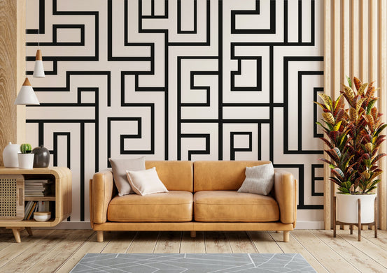 Maze pattern wallpaper in black and white, GD2394