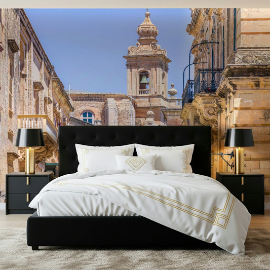 Mdina's Stone Grandeur Wall Mural in a minimalist bedroom setting.