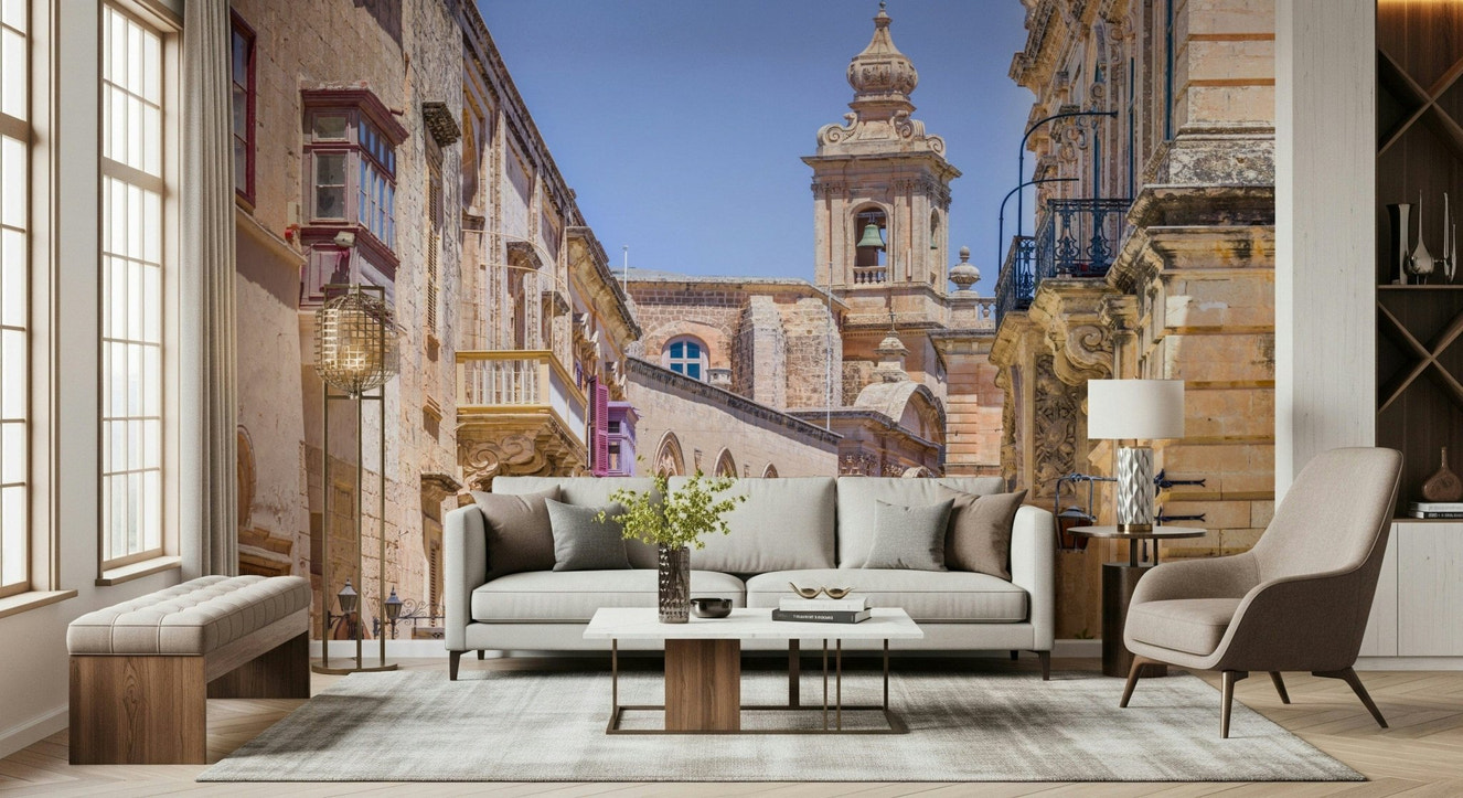 Historic limestone architecture wall mural for a luxury living room.