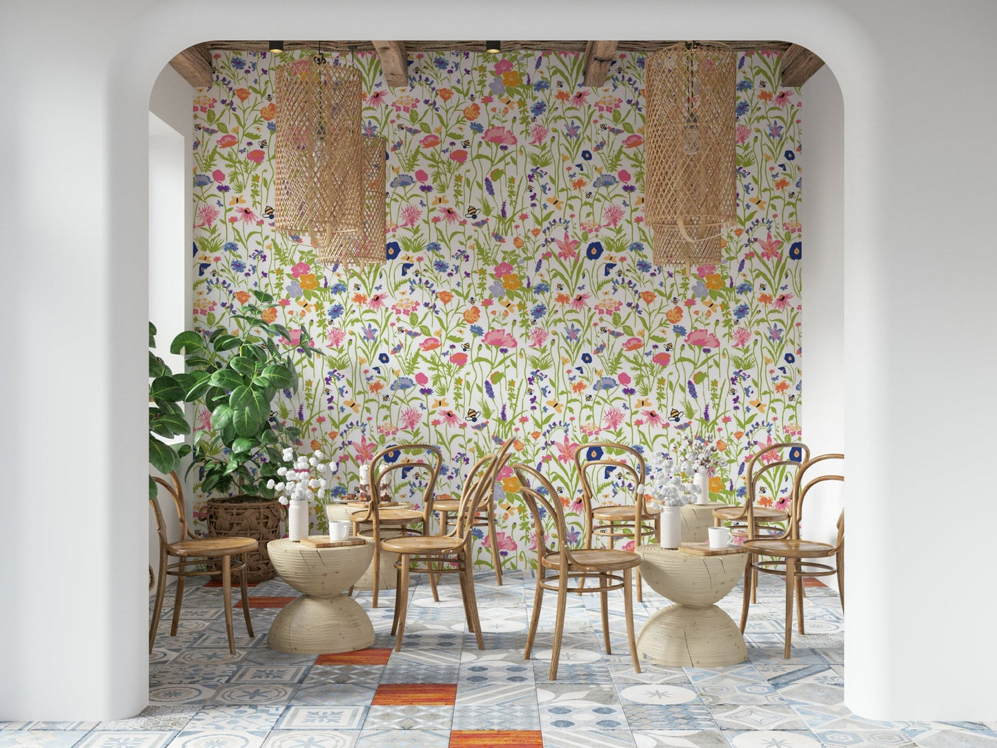 A contemplative floral pattern wallpaper mural for a feature wall.