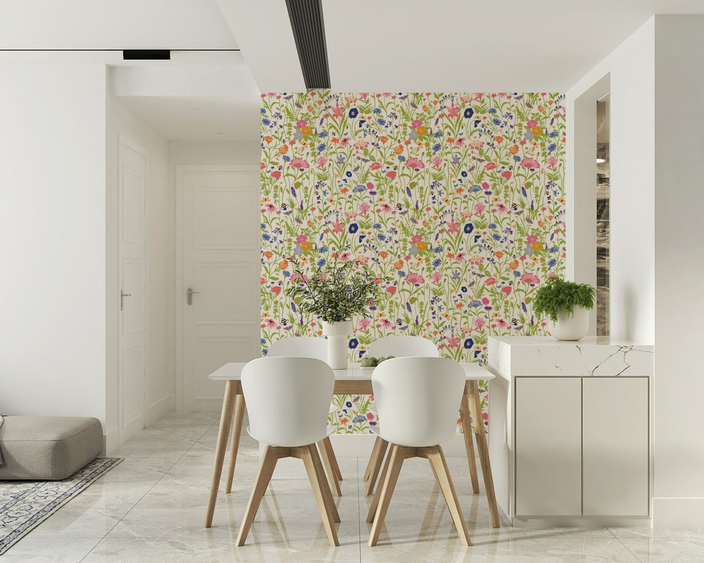 A beautiful whimsical meadow wallpaper mural with subtle flowers and bees.