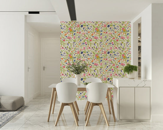A beautiful whimsical meadow wallpaper mural with subtle flowers and bees., GD5842