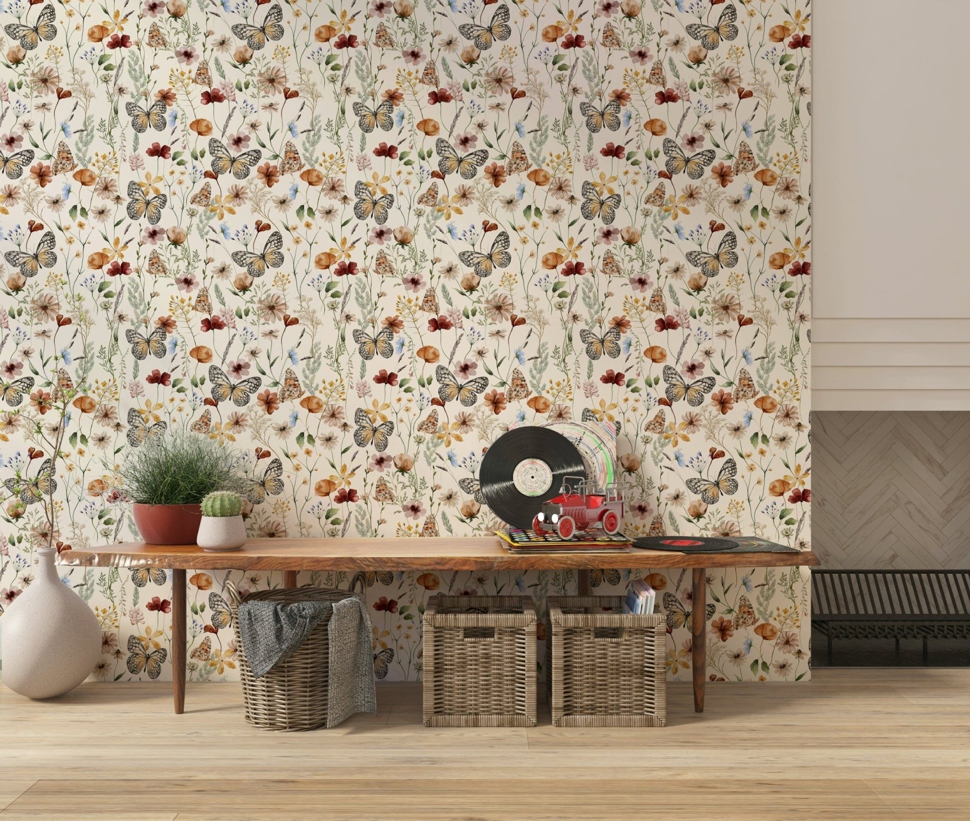 Earthy tones floral meadow butterflies wallpaper artistic
