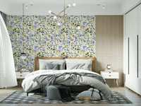 Meadow Butterfly Whispers Garden: charming blue and yellow floral pattern.