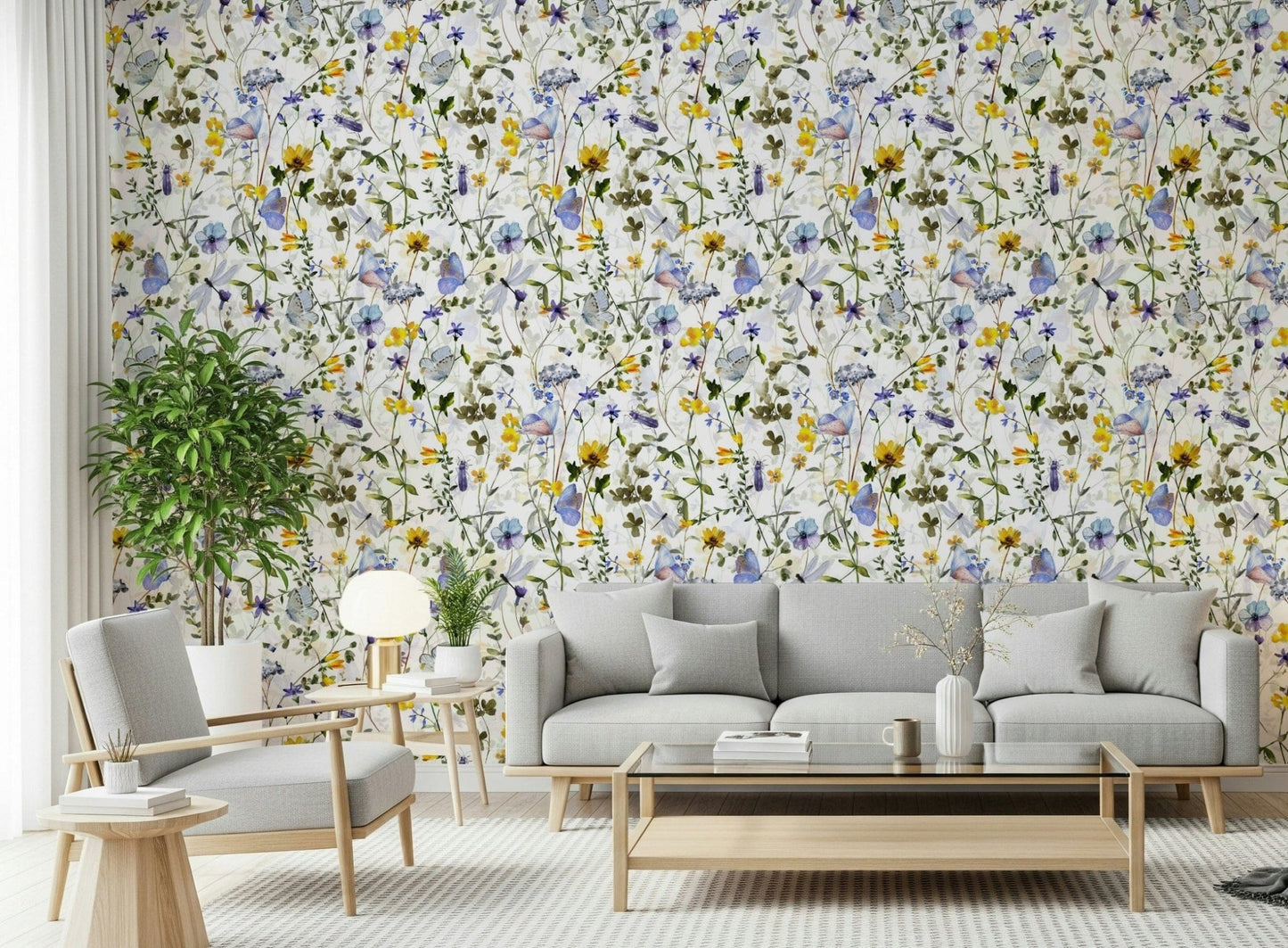 Whimsical wall mural naturalistic meadow flowers and insect detail.