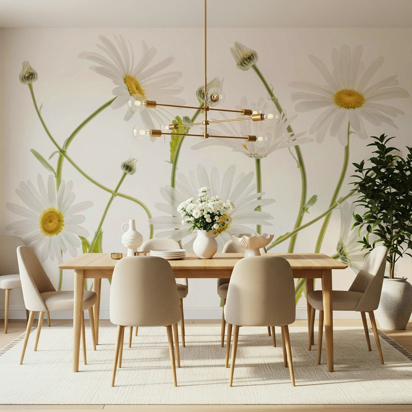 A beautiful serene daisy field wallpaper mural for a modern home.