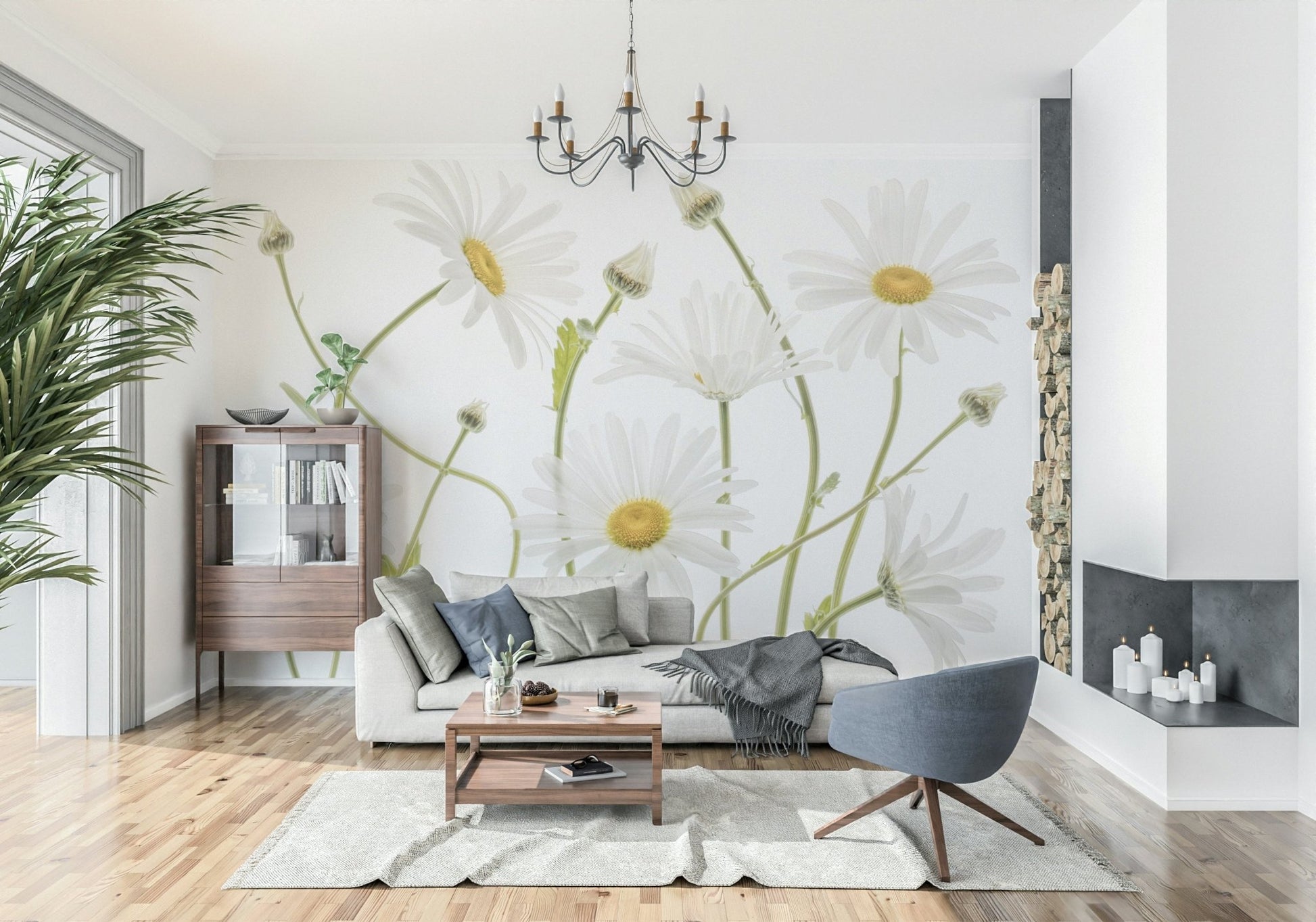 An artistic delicate daisy mural on minimalist wallpaper.