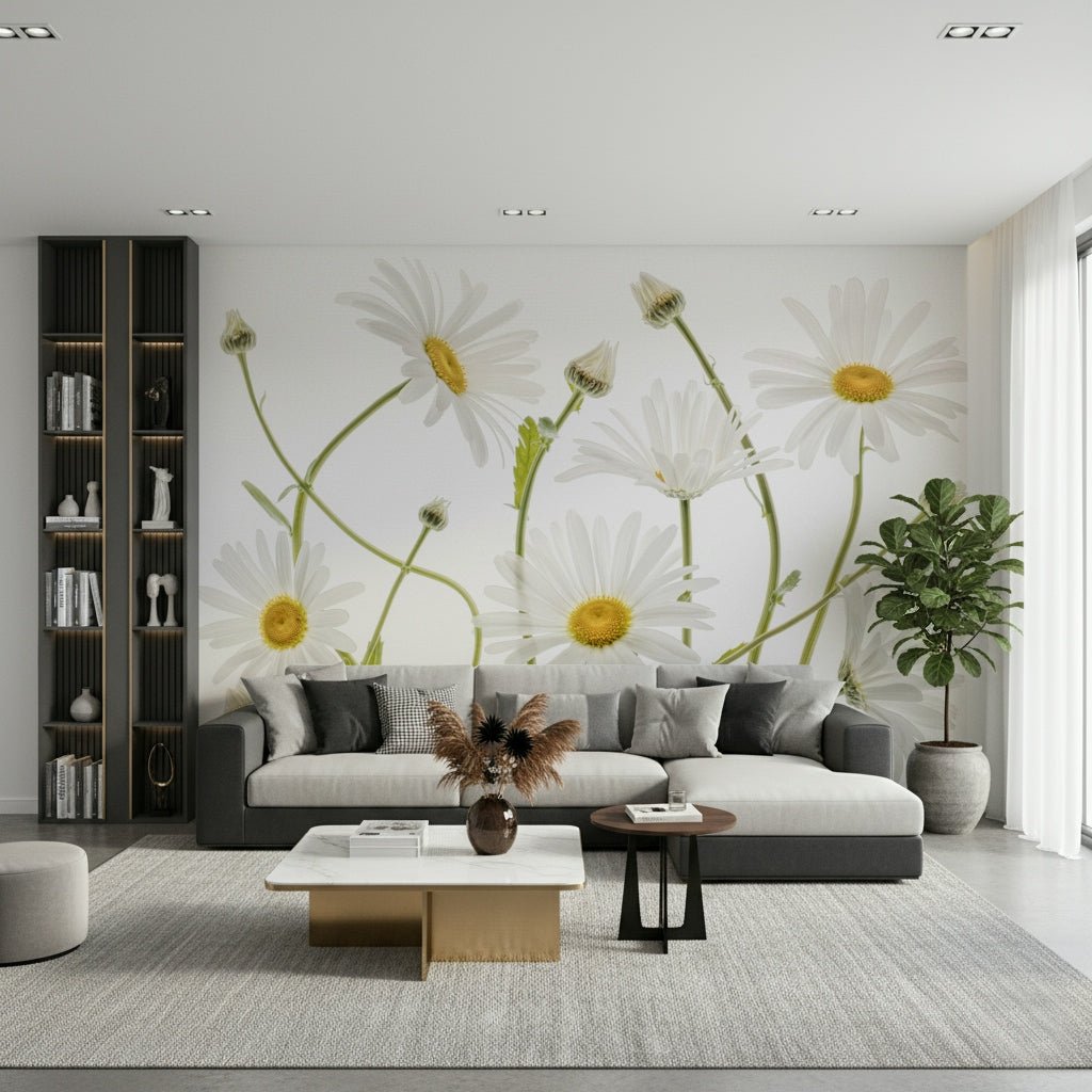 A peaceful flower design mural on decorative wallpaper.