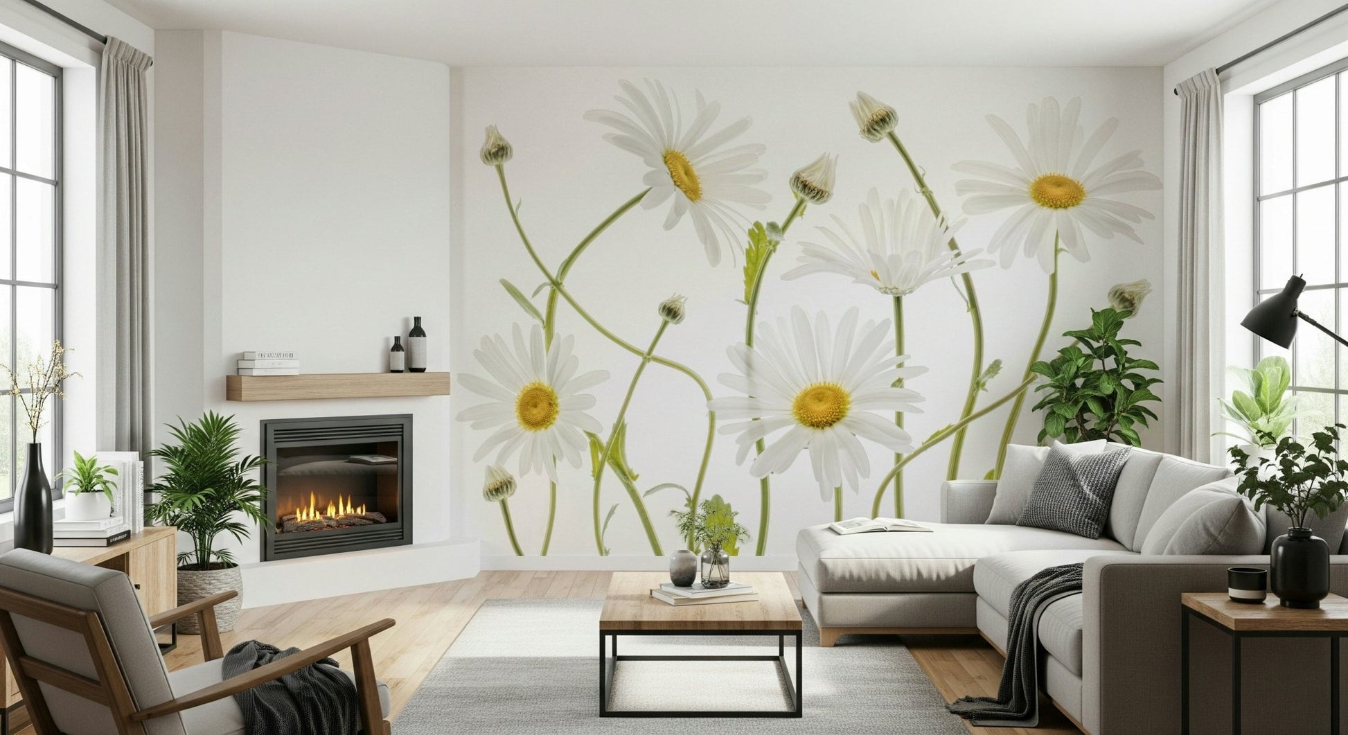 A graceful subtle bloom wall mural in soft, elegant tones.