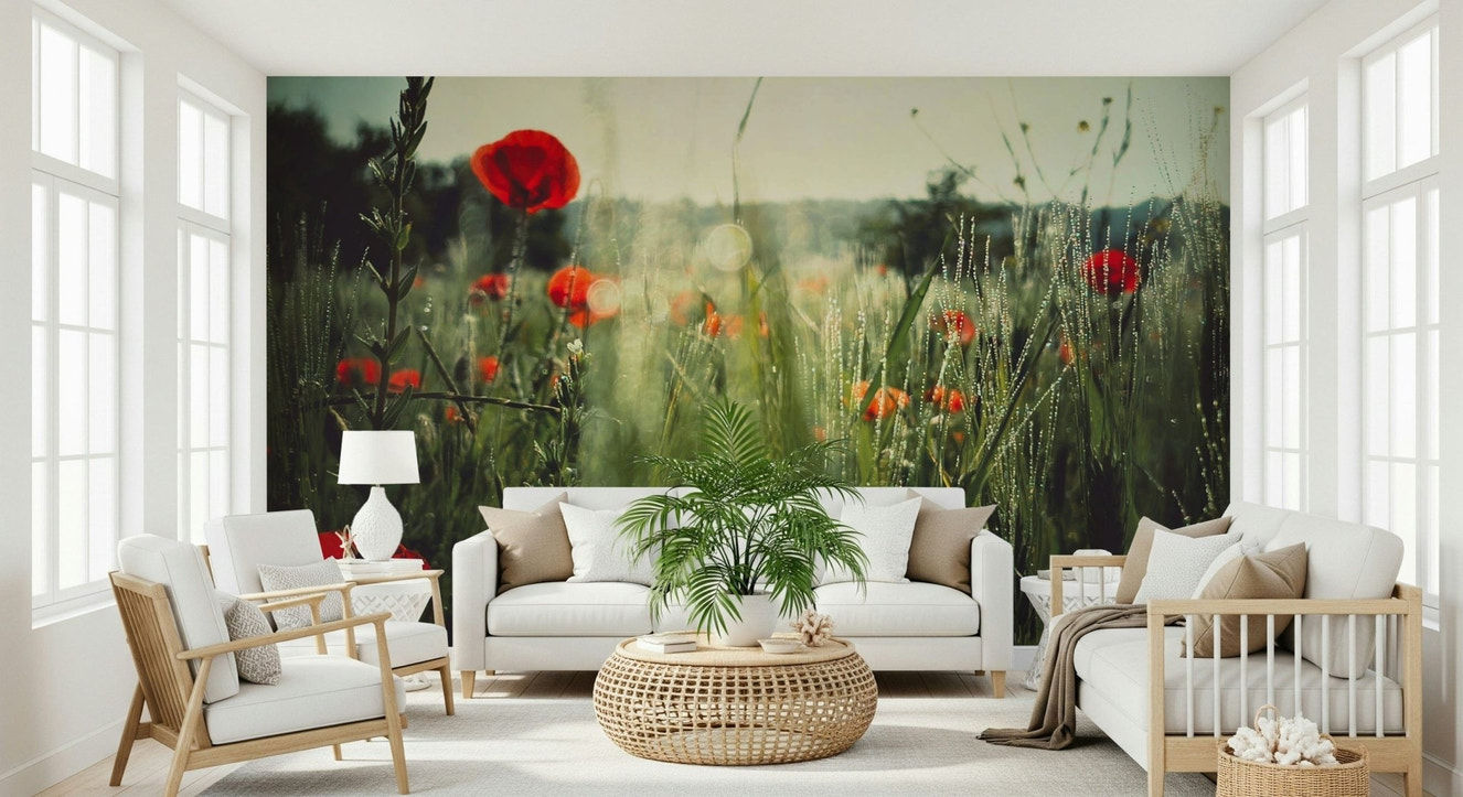 A beautiful subtle meadow wallpaper mural with dew-covered grass.