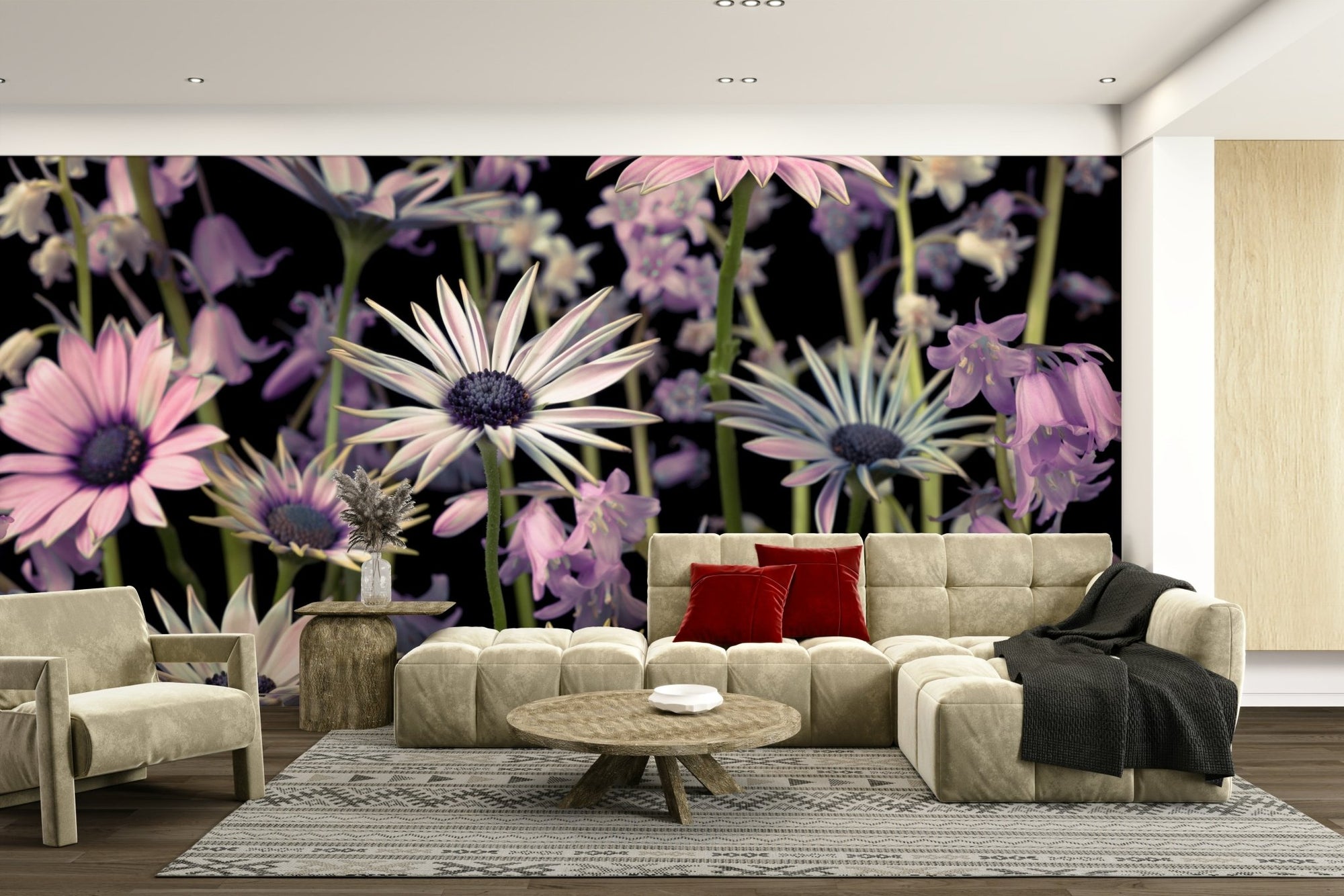 Meadow Flowers Wall Mural featuring vibrant purple and pink blooms, GD2313