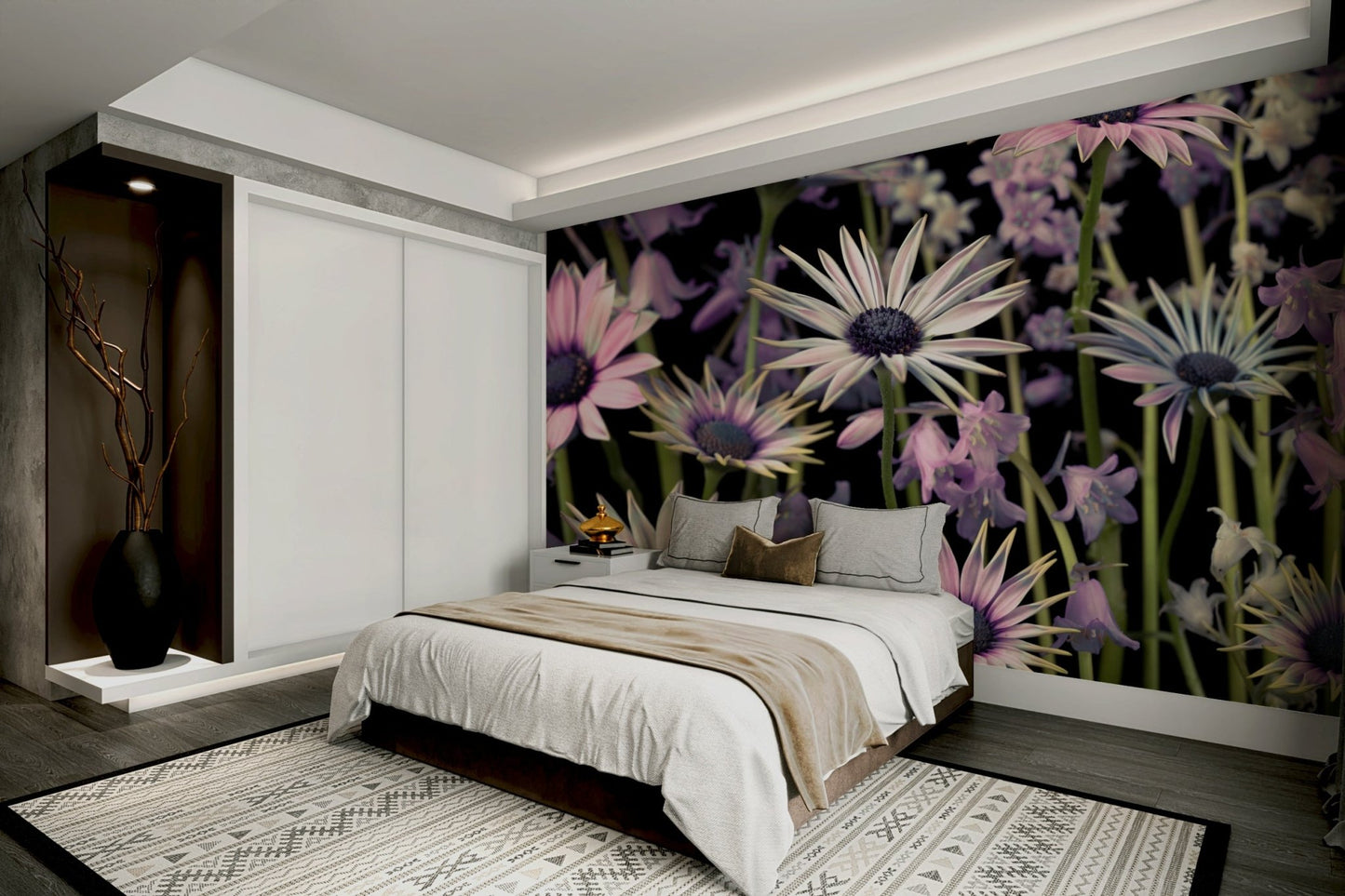 Close-up of delicate meadow flowers set against a dark backdrop