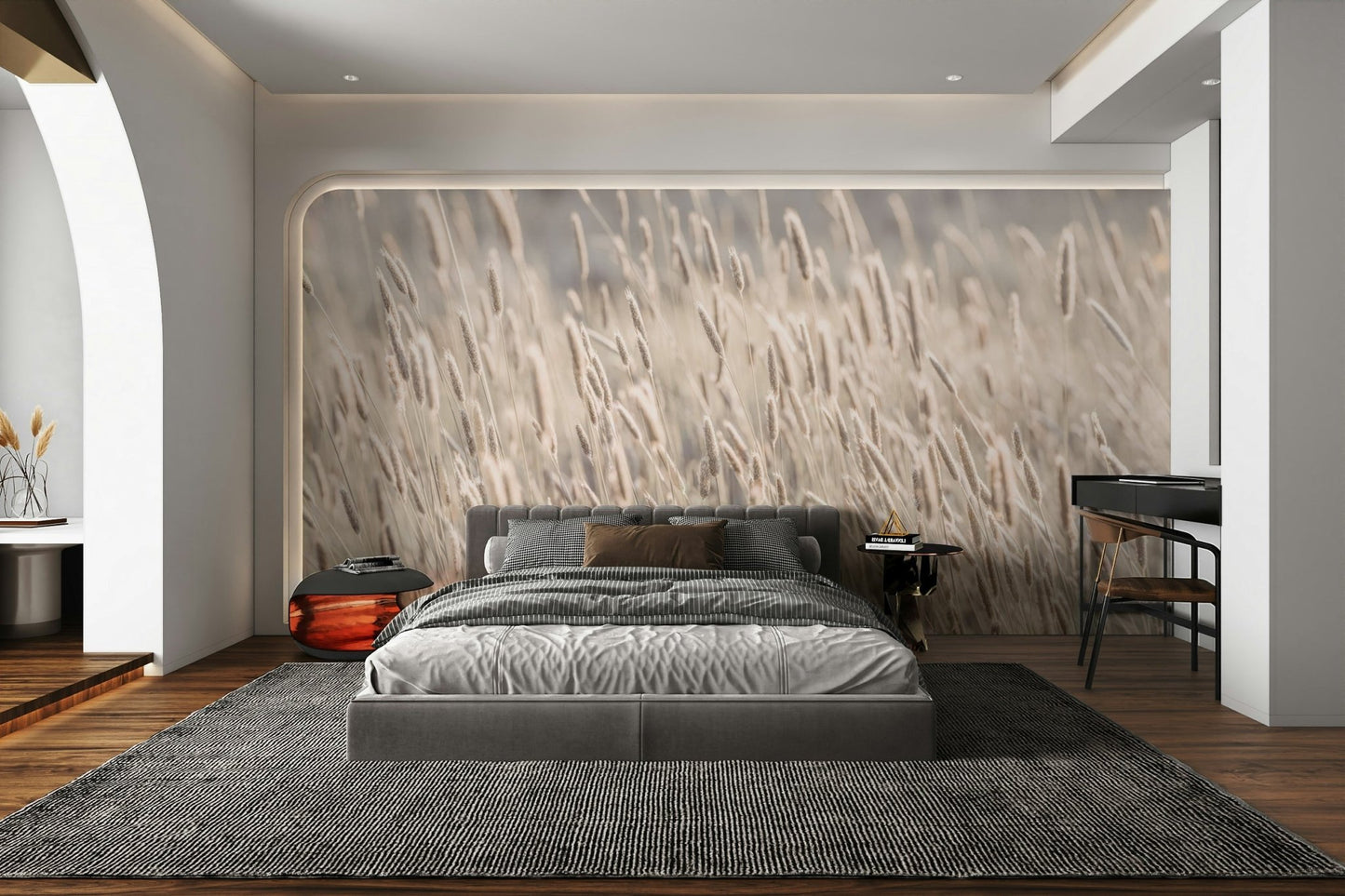 Calm wall mural with grass in sunlight

