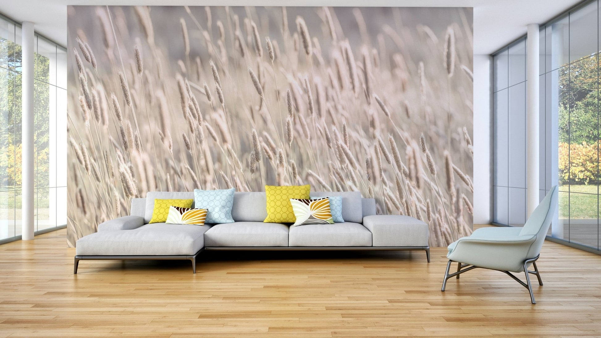 Gentle grass mural for calm interiors

