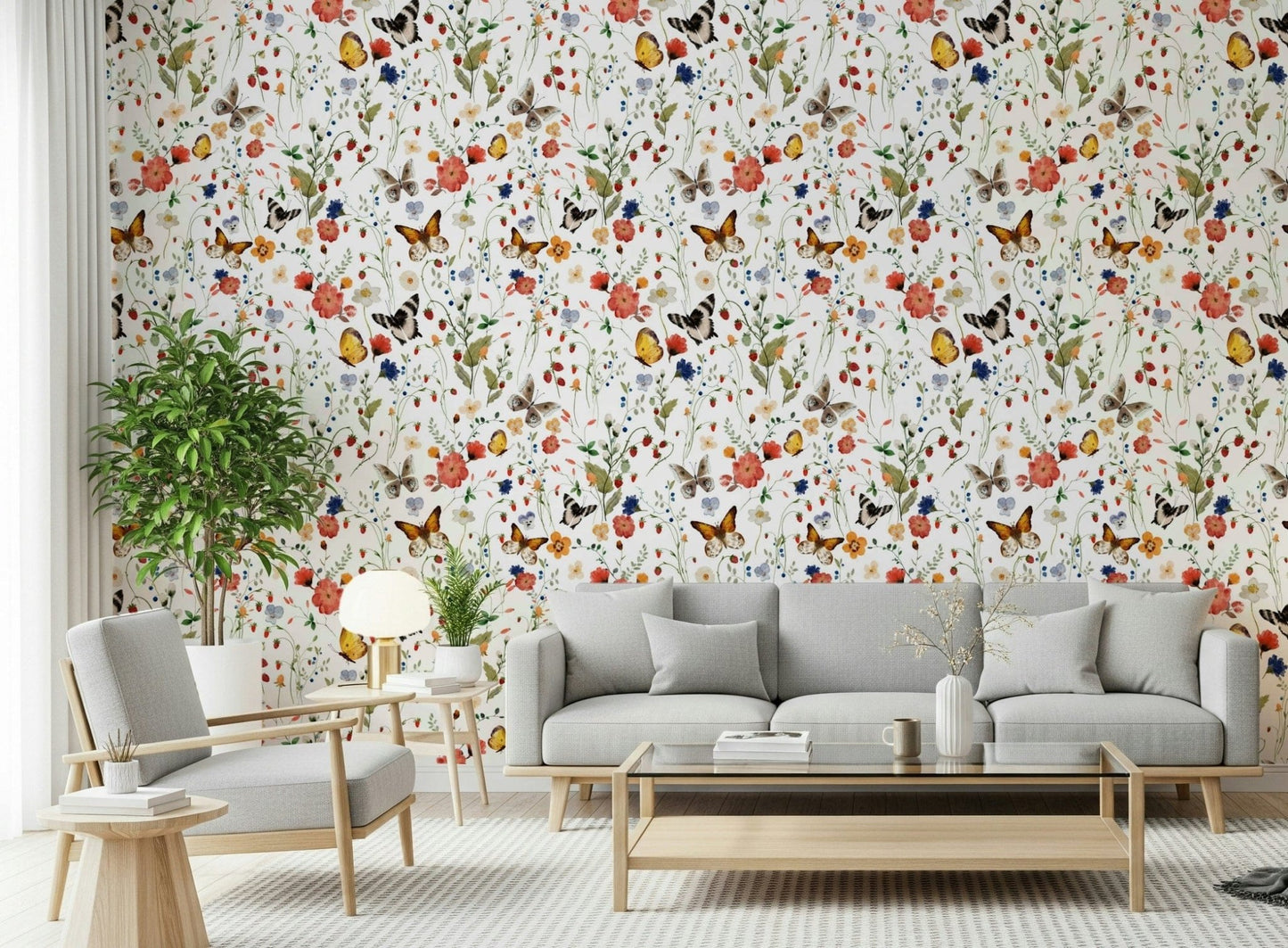 Meadow Magic wallpaper, butterflies, berries, delightful floral pattern.