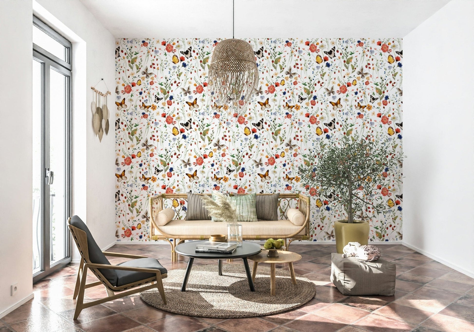 Meadow Magic wallcovering, watercolor wildflowers and tiny strawberries.