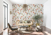 Meadow Magic wallcovering, watercolor wildflowers and tiny strawberries.