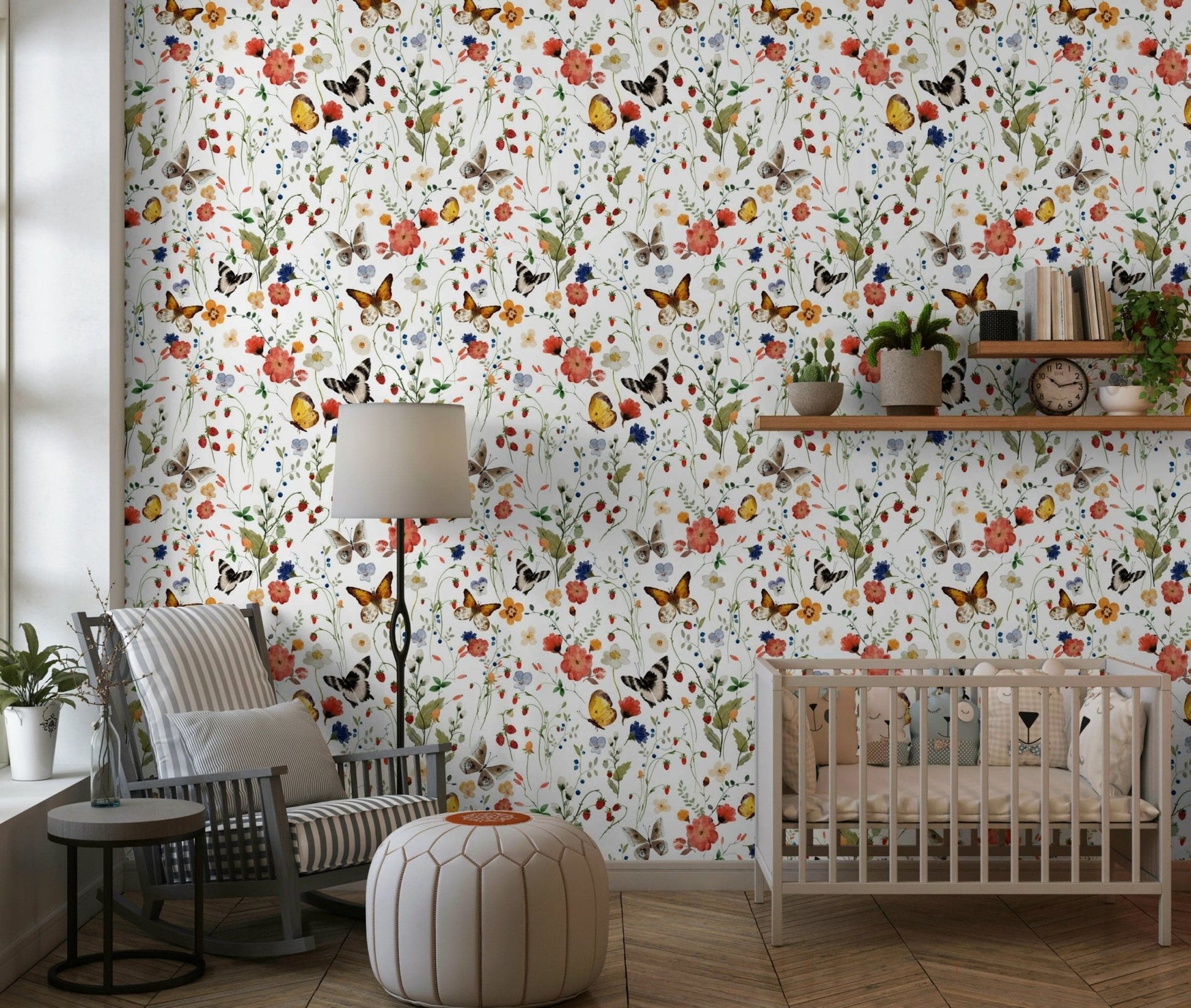 Whimsical Meadow Magic wall mural, painted summer flower design.