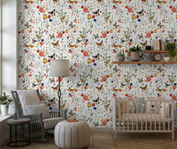 Whimsical Meadow Magic wall mural, painted summer flower design.