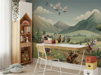 Wall mural with cartoon animals and musical instruments

